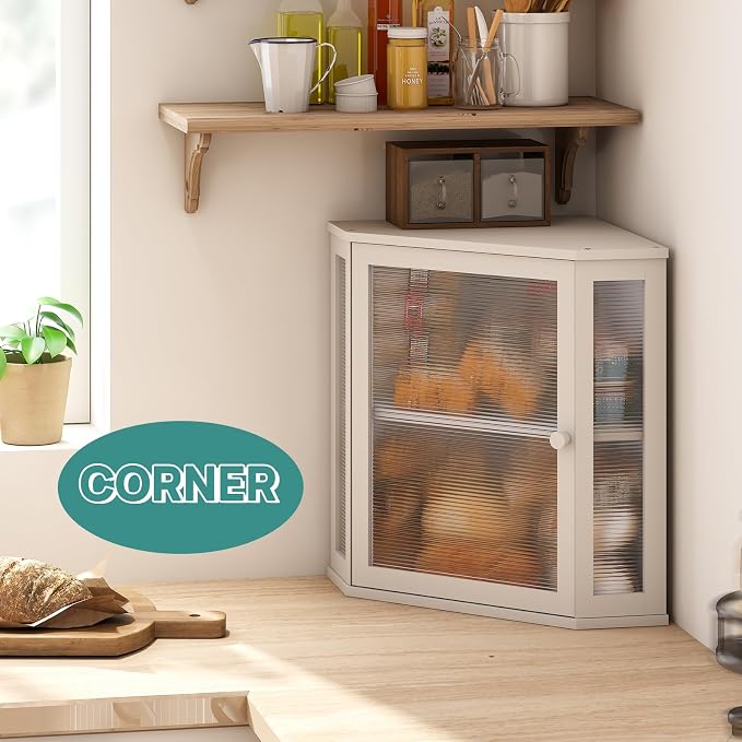 viewcare Corner Bread Box for Kitchen Counter, Bamboo Wood Large Capacity Bread Storage Bin with Acrylic Wavy Door Panel (White, Extra Large) - Image 2