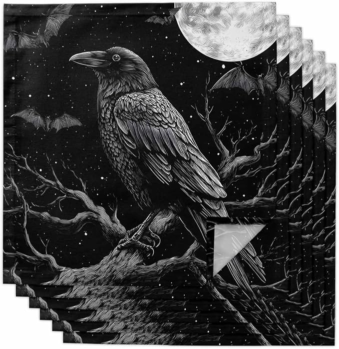 Kitchen Cloth Napkins 6 Pack Halloween Crow Bat Moon Dinner Napkins Soft Table Napkin for Family Dinners Cocktail Parties Wedding, Washable & Reusable, 20" x 20" by EwdeWwo