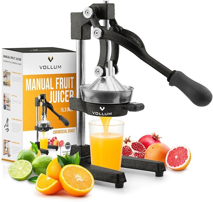 Manual Fruit Juicer,Commercial Grade Home Citrus Lever Squeezer for Oranges, Lemons, Limes, Grapefruits and More,Stainless Steel and Cast Iron,Non-skid Suction Cup Base,15 Inch,Black,by Vollum | Commercial-grade press for oranges, lemons, limes, and gr... by Vollum