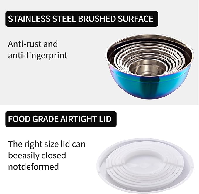 Rainbow Mixing Bowls with Lids Set of 7, Stainless Steel Nesting Bowl with Khaki Lid for Non-slip Mixing Prepping Storing Serving, 7 Sizes-7/3.6/2.7/2.1/1.5/1/0.8 QT - Image 4