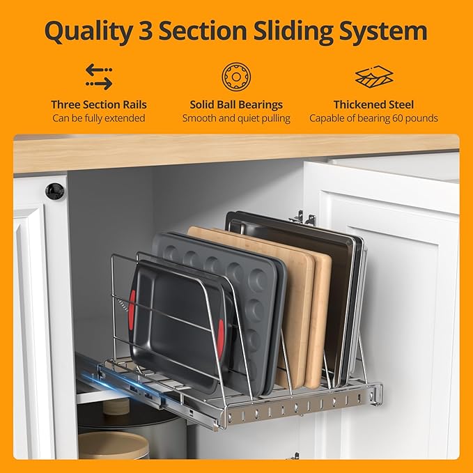 NestSprout Pull Out Cabinet Organizer for Cutting Board, Cookie Sheet, Baking Sheet, Stainless Steel Sliding Rack for Bakeware & Trays, Heavy-Duty Cutting Board Organizer 12.9”W x 16.5”D | Stainless Steel Sliding Rack for Bakeware & Trays, Heavy-Duty C... - Image 2