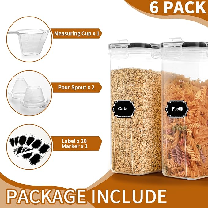 HKJ Chef Cereal Containers Storage Set (4L / 135.2oz), 6PCS Airtight Food Storage Containers with Lids, Cereal Dispensers for kitchen Pantry Organizers and Storage with Pour Spout, 20 Labels, Marker - Image 4