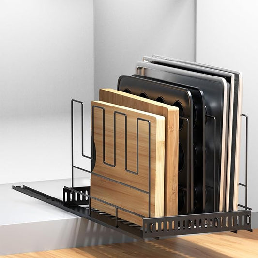 Housolution Pull Out Baking Tray and Cookie Sheet Cutting Board Organizer | 21.5" Deep & 12" Wide, 4 Adjustable Dividers, Sliding Rail Design, Sturdy Metal Structure, Adhesive/Screw Fixing by Housolution