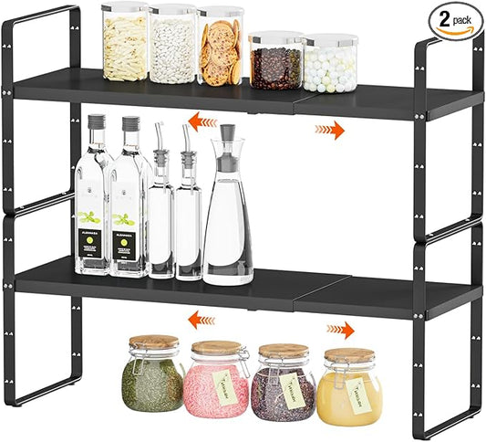 2Pack 16.5-27''L Expandable Cabinet Countertop Shelf Organizer, Black | 8"W x 9.6"H, Stackable Metal Shelves, Storage Spice Rack, For Pantry and Cupboard, Kitchen Organizers and Storage by DPZM