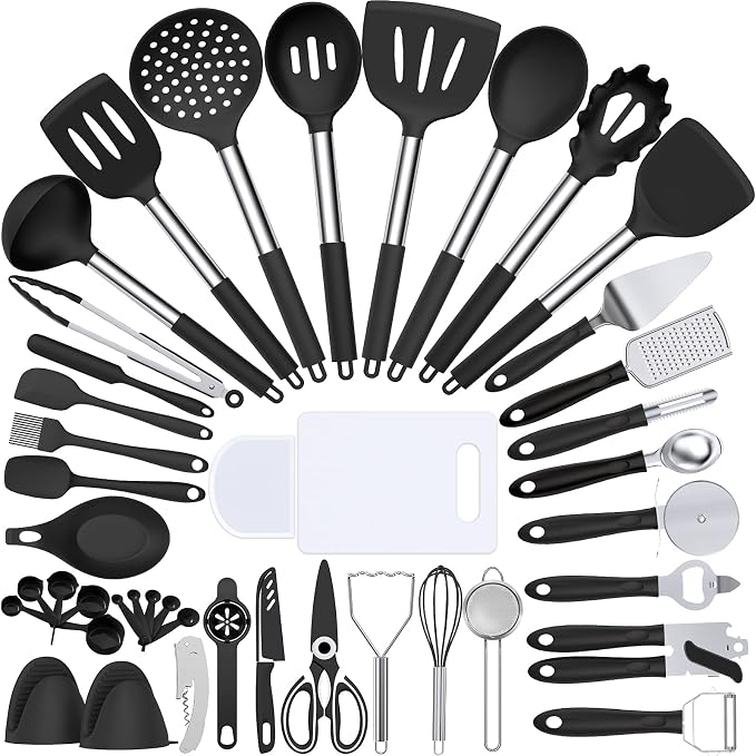 Silicone Cooking Kitchen Utensil Set, Umite Chef 43 PCS Heat Resistant Kitchen Utensils Gadget Set-Stainless Steel Handle- Kitchen Spatula Tools for Nonstick Cookware, Kitchen Accessories(Black) by UmiteChef