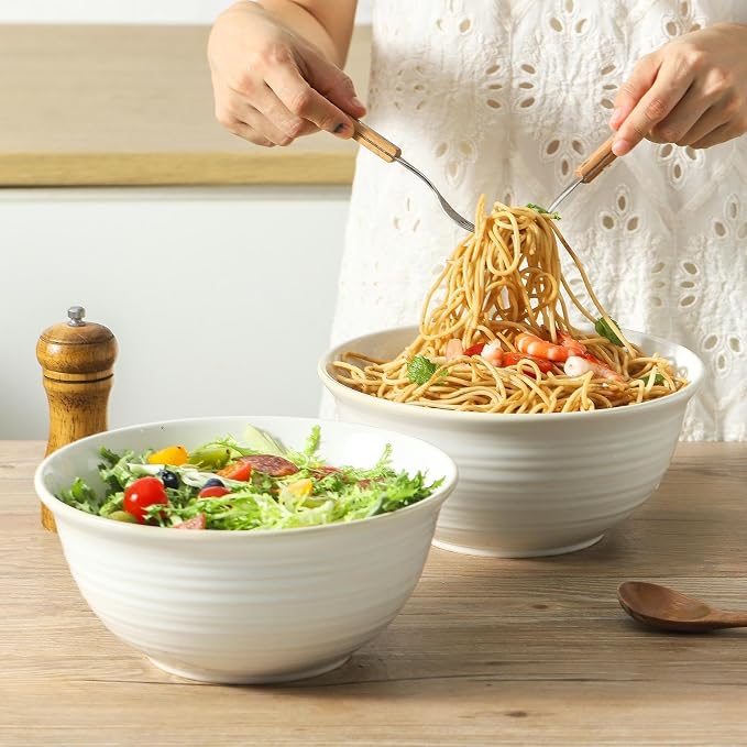 Hasense Serving Bowls, 9 Inch Ceramic Salad Bowls for Kitchen, 84 Ounce Mixing Bowl for Soup Pho Pasta Popcorn, Dishwasher & Microwave Safe, Set of 2(Clay-Infused White) - Image 3