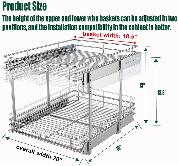 DINDON 2 Tier Pull Out Cabinet Organizer (20" W X 18" D), Double Tier Wire Basket Slide Out Shelf Storage for Kitchen Base Cabinet Organization ​for Kitchen, Pantry, Bathroom, Chrome - Image 3