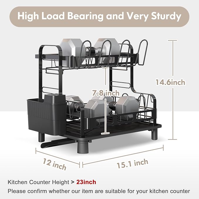 2 Tier Dish Drying Racks for Kitchen Counter with Utensil Holder | Large Stainless Steel Dish Drain, Space Saving, Big Modern Silver Countertop Metal Plates Dryer Strainer and Extra Tray - Image 4