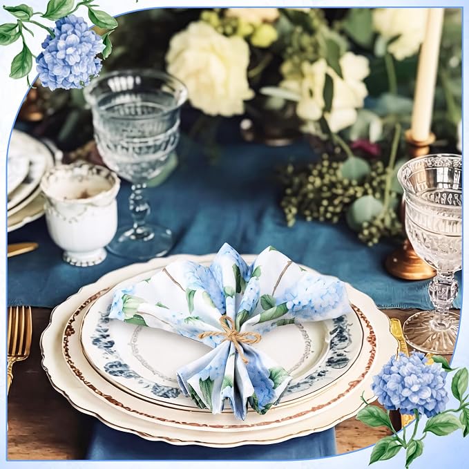 24 Pcs Floral Cloth Napkins 6 Patterns Washable Dinner Tea Party Napkins Reusable Plant Flowers Square Napkin Cotton Towel Decorative for Summer Wildflower Party(Blue Hydrangea) - Image 7