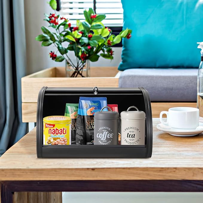 Metal Bread Boxes, Bread Box Storage Bin Kitchen Container with Roll Top Lid Iron Countertop Containers Metal Food Storage Bread Keeper Large Capacity Home Kitchen Counter (Black) - Image 4