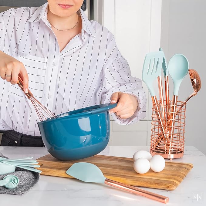 Styled Settings Copper and Teal Blue Kitchen Utensils, 17-Piece | Utensils Set with Copper Utensil Holder and Measuring Cups and Spoons for Stylish Cooking and Baking - Image 3