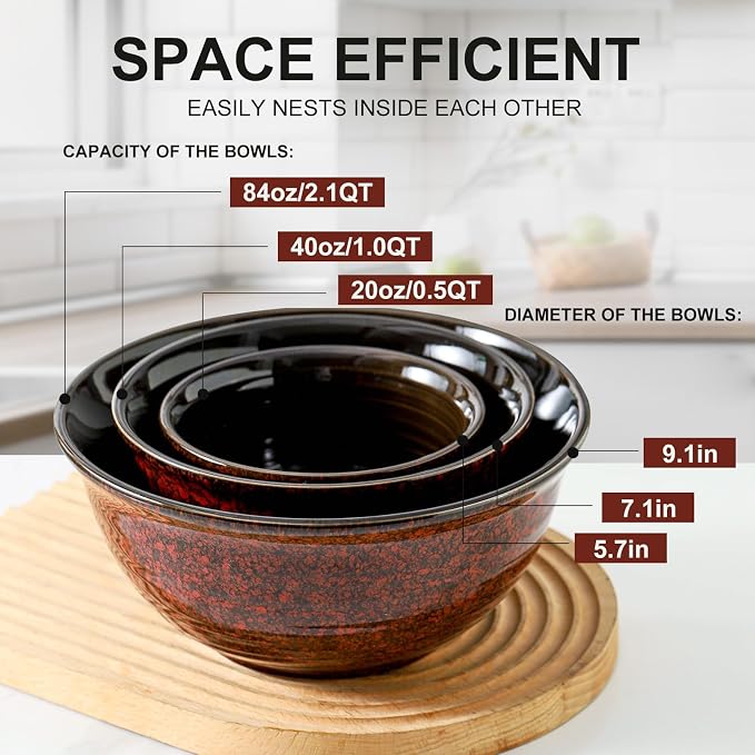 HASENSE Ceramic Mixing Bowls, Large Serving Dishes Set of 3 for Cooking, Baking, Prepping, Porcelain Nesting Bowls for Salads, Fruit, Popcorn, Cereal, 2.1/1.0/0.5 Qt, Dishwasher & Microwave Safe, Red - Image 2