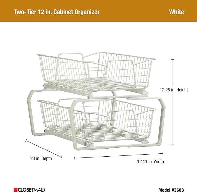 ClosetMaid 11 in. Pull Out Cabinet Organizer, 2 Tier, Heavy Duty, Slide Out Pantry Shelves Drawers for Kitchen, Bathroom, White - Image 2