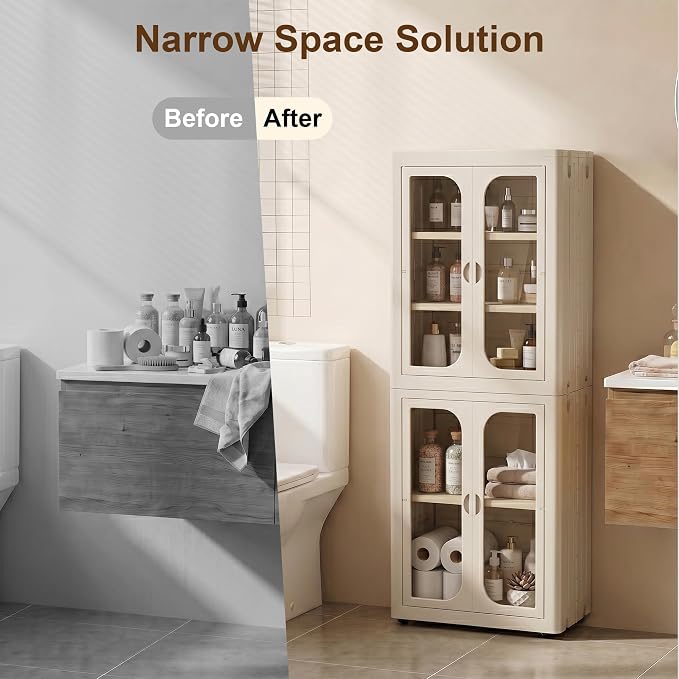 5-Tier Plastic Storage Cabinet with Adjustable Shelves | Stackable,Freestanding, Transparent Doors and Wheels, Tool-free Install, Durable PP, 20.41”×13.79”×52.32” Storage Organizer - Image 6