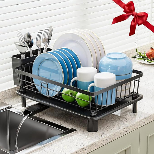 Dish Drying Rack for Kitchen Counter,Stainless Steel,Black | Space Saving,New Drain Outlet,Rotating Spout & Angled Drainboard for Quick Drainage,Removable Utensil Holder by GAOKASE