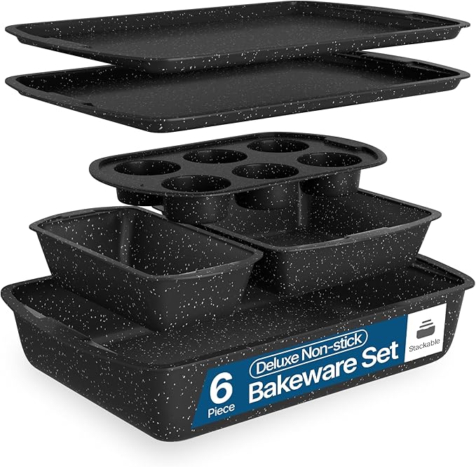 Bakken Swiss - Bakeware Set – 6 Piece – Stackable, Deluxe, Non-Stick Baking Pans for Professional and Home Cooking – Carbon Steel, Gray Stone Coating by Unknown