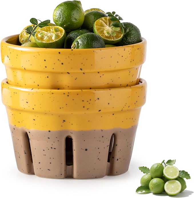 Gomakren Ceramic Berry Bowls with Holes Set of 2 for Fridge Yellow + Brown | Drain holes keep berries fresh, stackable, wash & serve, round strawberry basket for fridge kitchen counter, lovely home gift by Gomakren