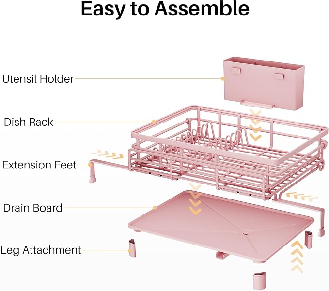 SNTD Expandable Dish Drying Rack for Kitchen Counter, Stainless Steel, Pink | Foldable Over Sink, Large Capacity, Adjust to Fit Most Sinks, Angled Drainboard, Removable Utensil Holder, Slip Resistant - Image 8