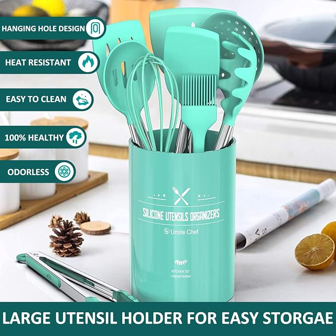 Silicone Cooking Utensil Set, Umite Chef 15pcs Silicone Cooking Kitchen Utensils Set, Non-stick - Best Kitchen Cookware with Stainless Steel Handle - Green - Image 7