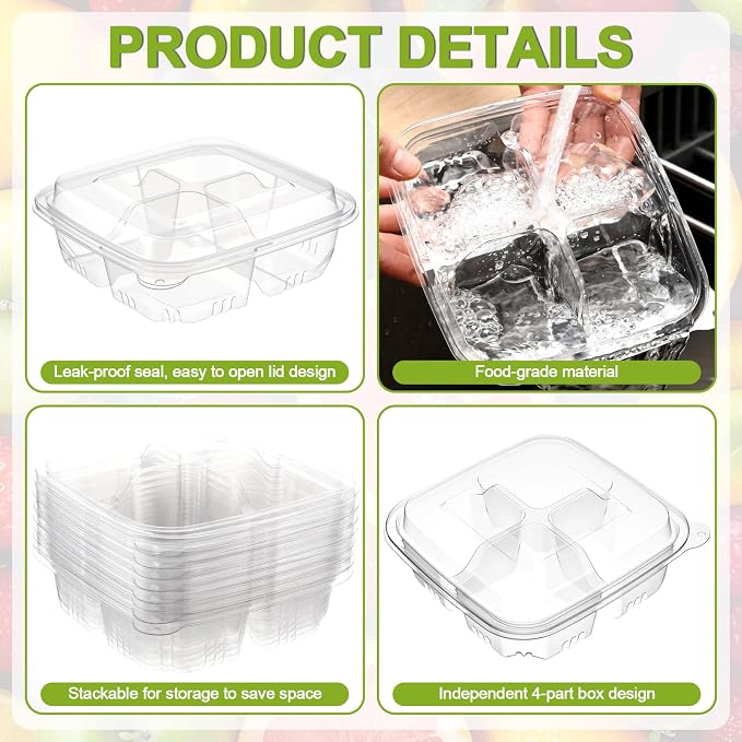 100 Pack 4-compartment Bento Snack Boxes with Lids Divided Lunch Containers for Travel School Camping Outdoor Home (Clear) - Image 3