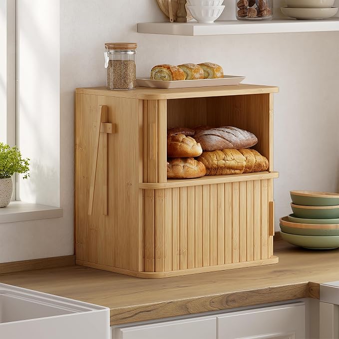 WOWLIVE 2-Tier Roll Top Bread Box for Kitchen Countertop Storage Cabinet | Double Layer Bamboo Bread Boxes with Sliding Doors, Extra Large Bread Storage Cabinet for Loaves & Pastries, Natural - Image 2