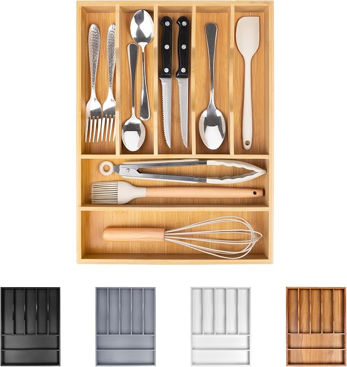 Bamboo Silverware Drawer Organizer, Kitchen Utensil Drawer Organizers, 12"x15.7" Utensils Holder Cutlery Tray with Grooved Drawer Dividers for Kitchen Flatware Bedroom Office(7 Slot, Natural) by Bellsal