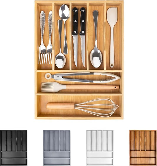Bamboo Silverware Drawer Organizer, Kitchen Utensil Drawer Organizers, 12"x15.7" Utensils Holder Cutlery Tray with Grooved Drawer Dividers for Kitchen Flatware Bedroom Office(7 Slot, Natural) by Bellsal