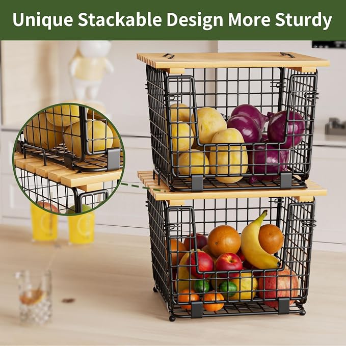Wire Storage Basket for Kitchen Pantry: Stackable Kitchen Counter Organizers - Wire Organizing Bin for Produce Vegetable Potato and Onion Black - Image 3