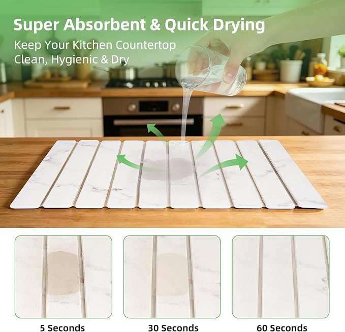 Large Stone Dish Drying Mat for Kitchen Counter, 24"×16" Foldable Quick Drying Mat, Absorbent Diatomaceous Earth Drying Mat for Bottles Cups Dishes, Match Any Countertop (White Marble, 24" x 16") - Image 2