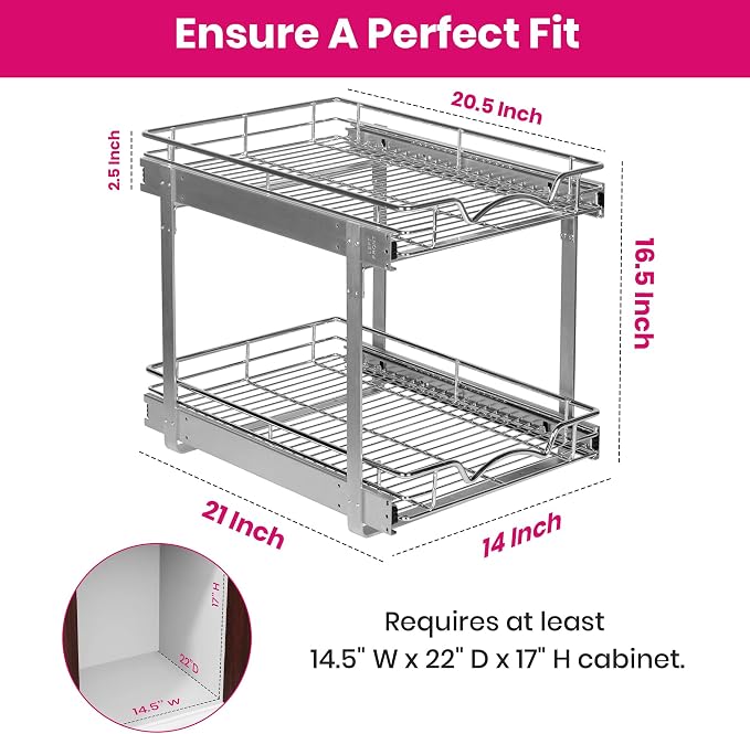 2-Tier Pull-Out Cabinet Organizer for Kitchen, 14" W x 21”D x 16.5" H | Full-Extension Sliding Shelves, Holds 100 lbs, Easy Install for Kitchen, Pantry & Under Sink Cabinets - Image 3