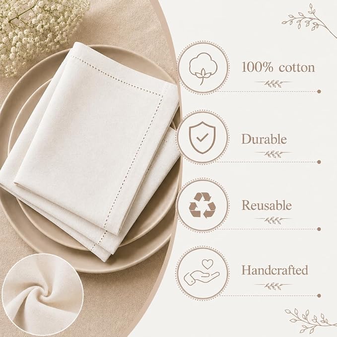 Cotton Cloth Napkins Set of 12, 18x18 Cotton Napkin Cloth Washable, Soft, Reusable Napkins for Wedding, Parties, Christmas, Thanksgiving, Everyday Use (Off White) - ALPHA Living HOME - Image 5