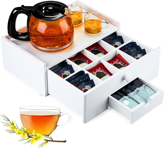 Cinnvoice Tea Bag Organizer Wood Tea Organizer Storage Box 8 Compartments Container Holder with Lid to Storage and Keep Fresh(White) by Cinnvoice