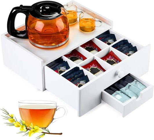 Cinnvoice Tea Bag Organizer Wood Tea Organizer Storage Box 8 Compartments Container Holder with Lid to Storage and Keep Fresh(White) by Cinnvoice