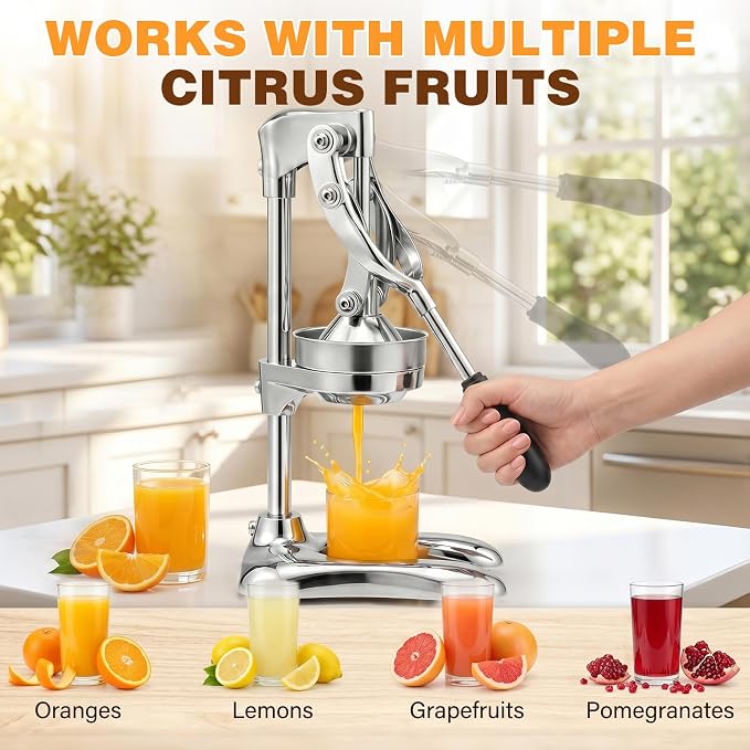 Stainless Steel Manual Citrus Juicer Heavy-Duty Lever Press | Strainer and Stable Countertop Base, Hand Juice Squeezer for Oranges, Lemons, Grapefruits, Cast Iron Juicer - Image 6