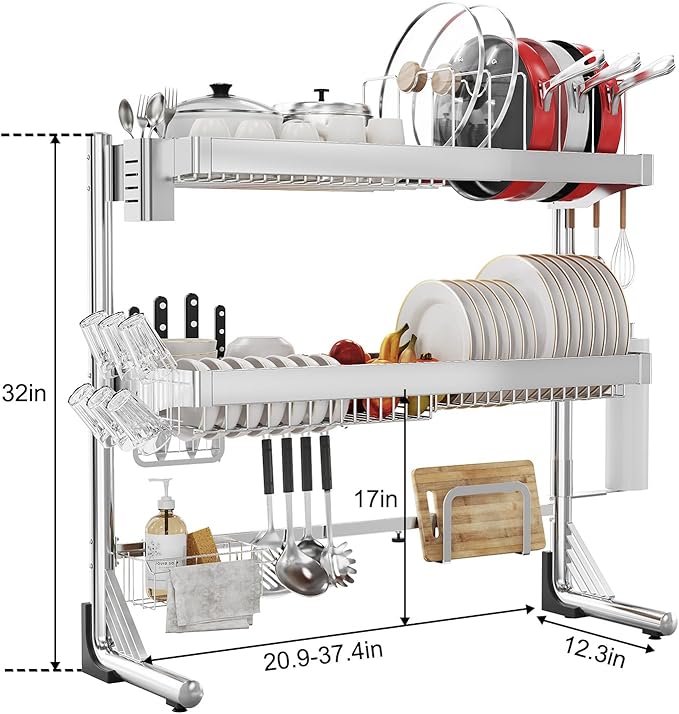 Over The Sink Dish Drainer Drying Rack 3 Tier, Full Stainless Steel Dish Drying Rack Adjustable Length 20.9''-37.4'' , Kitchen Sink Shelf, Organized Space-Saving Dish Rack with Pots and Pans Rack - Image 6