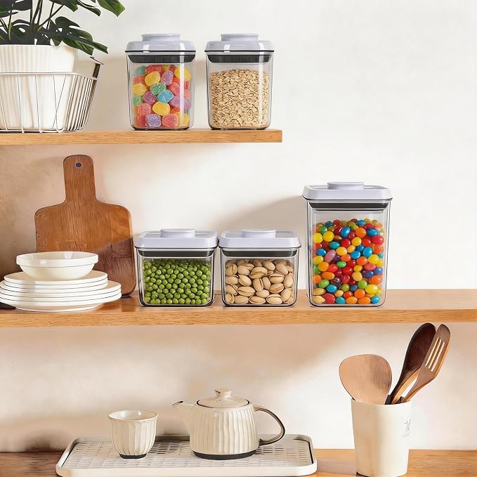 Pop Push Button Airtight Food Storage Containers with Lids | 3 Sizes: 0.65/0.7/1.8Qt for Cereal Flour Sugar Snacks Pet Food, BPA-Free Space-Saving Pantry Kitchen Canisters - Image 2