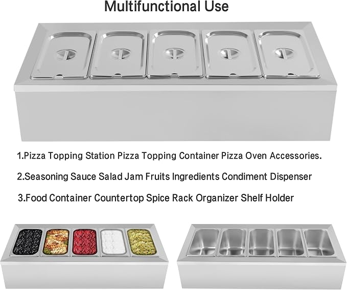 Pizza Oven Topping Station Condiment Food Prep Container Pans Rack | Stainless Steel Container Set with 5 1/3 Pans & Lids, Sandwich Prep Table Ingredients Holder Kitchen Restaurants Buffet - Image 3