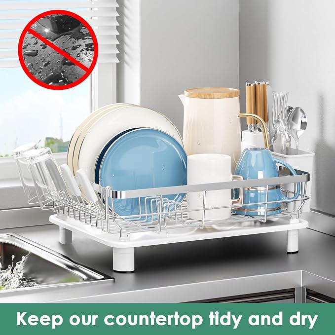 MOUKABAL Stainless Steel Dish Drying Rack for Kitchen Counter, White Silver | 13×17 Large Capacity/Drainboard with Rotating Spout/Removable Cup & Utensil Holders/Fast Drainage/Countertop Dish Drainer - Image 6