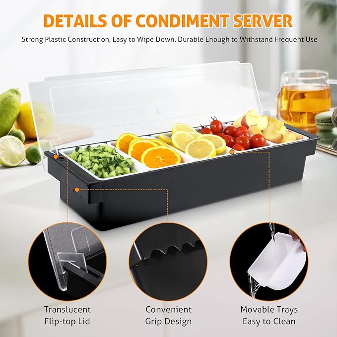 WICHEMI Fruit, Veggie & Condiment Caddy with Lid Dispenser Tray Plastic Garnish Station for Bartending & Serving Taco, Ice Cream, Salad Bar - Topping Organizer for Restaurant Supplies (5 Compartment+3 - Image 4
