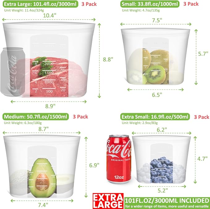 Reusable Storage Bag, 12 Pack 100% Silicone Food Storage Bags Stand Up Zip Lock Bags for Food, Freezer Microwave Oven Dishwasher Safe, 3 Extra Large(0.8 Gallon) 3 Medium 3 Small 3 X-Small, Translucent - Image 3