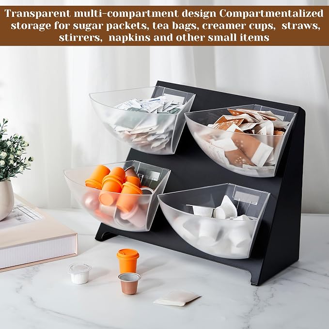 DoubleFill 15.5''x10''x 10.5'' Coffee Condiment Packet Organizer with 4 Removable Compartments Steel Coffee Caddy Station Creamer Sugar Tea Holder for Bar Countertop Office Kitchen Accessories(Black) - Image 2