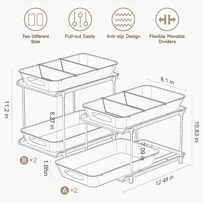 4-Pack 2-Tier Under Sink Organizer with Pull Out Drawers | Multi-use kitchen & bathroom storage. Includes hanging hooks and cups. transparent, space-saving cabinet design. 11.2 Inch - Image 2