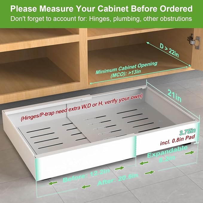 1-Pack Expandable Pull Out Cabinet Organizer 21"Deep(12.2"-20.5"W), 3 Full Extension Glides Slide Out Drawers, Roll Out Shelves Adhesive Raising Pad,Compatible Framed Cabinets,90lb Cap,White - Image 2