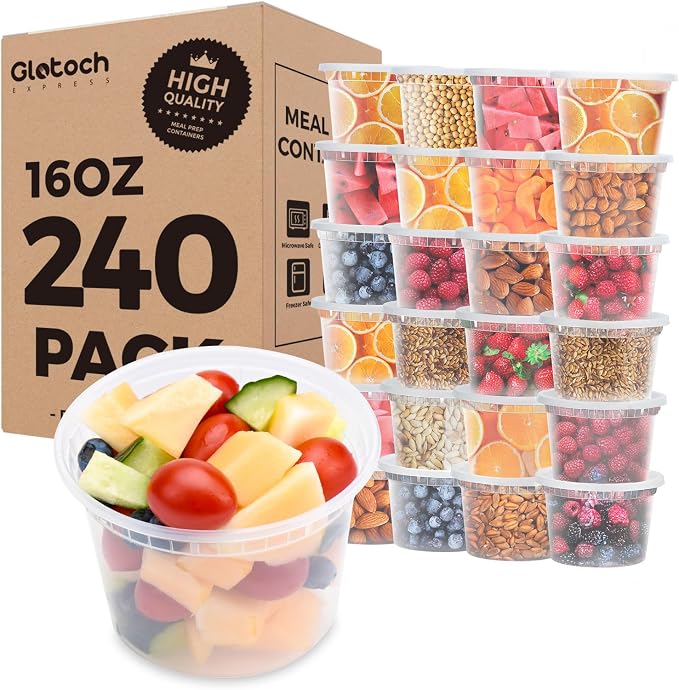 Glotoch Express 16oz Plastic Food Containers with Lids, Airtight and Leakproof Deli Cups, BPA-Free, Microwave/Freezer/Dishwasher Safe, 240 Pack by GlotochExpress