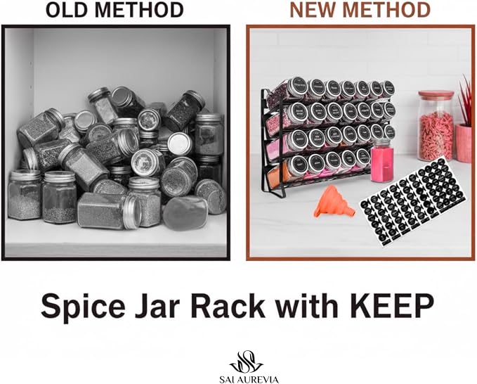 28-Jar Spice Rack Organizer with 4-Tier Metal Stand | Complete Set with Glass Jars, Labels & Funnel | Space-Saving Kitchen Spice Storage (Wall or Countertop Mount) - Image 5