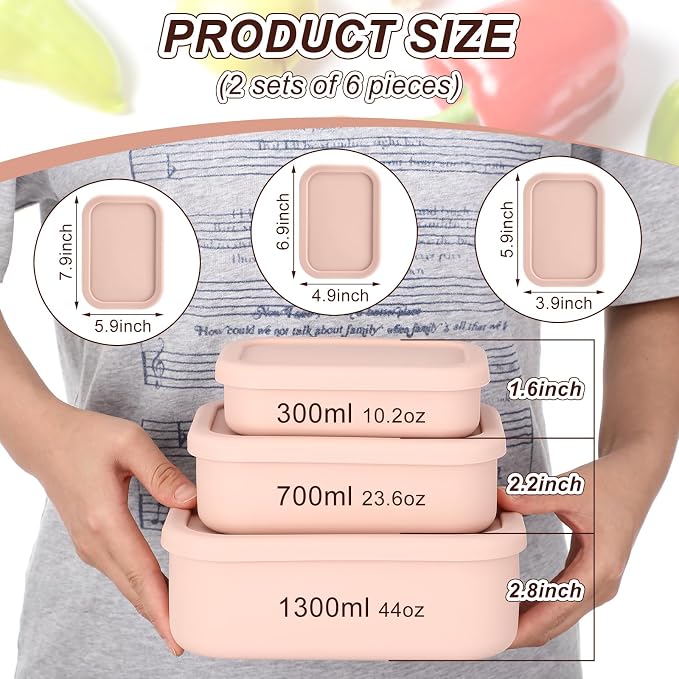 2 Sets of 6 Silicone Food Storage Containers, Reusable Lunch Bento Box with Lid, Hard Shell Storage Containers, Microwave Dishwasher Freezer Safe, 10 oz, 23.6 oz, 44 Ounce(Pink) - Image 2