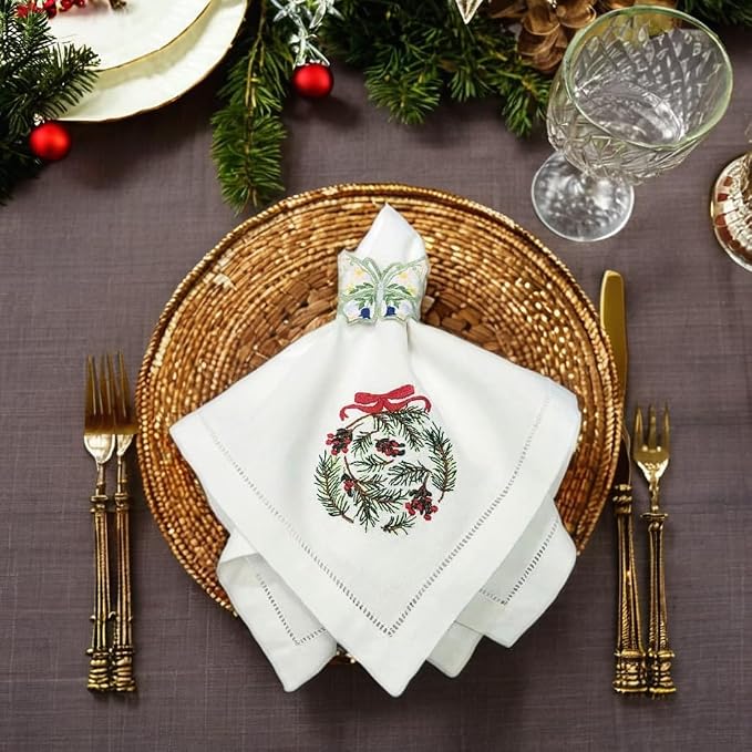 Embroidered Cloth Napkin Pine Ornament Christmas Cotton Napkins Set of 6, 20x20 Hemstitch Table Napkins Machine Washable, Daily & Christmas, Great Present Ideas - Image 7