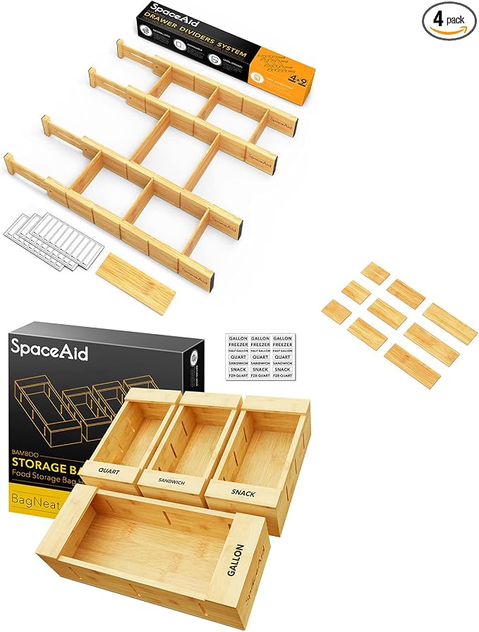 SpaceAid Bamboo Drawer Dividers with Inserts and Labels, 4 Dividers with 9 Inserts (17-22 in), Bag Storage Organizer (4 Pack) by SpaceAid