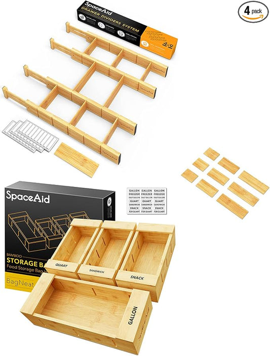 SpaceAid Bamboo Drawer Dividers with Inserts and Labels, 4 Dividers with 9 Inserts (17-22 in), Bag Storage Organizer (4 Pack) by SpaceAid