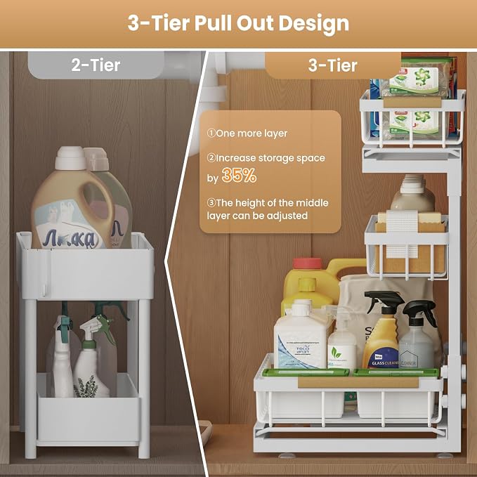 Under Sink Organizer and Storage 3 Tier Cabinet Pull Out Shelf Organizers | 2 Pack 3 Tier under sink storage for Bathroom and Kitchen Slide Out Drawer Organization for Home Cabinets Shelves and Drawers - Image 4